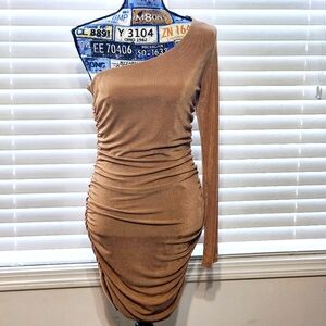 Forever 21 NWT Women's Ruched One-Shoulder Dress Camel Size L Stretch Shimmer